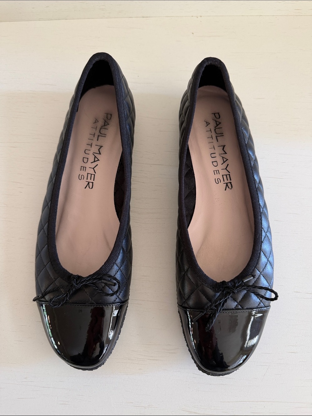 Paul Mayer Attitudes Black Quilted Ballet Flats with Patent Toe Cap Size US 7.5